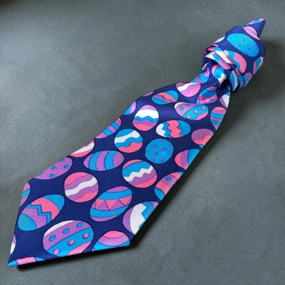 Vintage Lillian Vernon Easter Egg Tie Mens Pink Blue White 100% Silk 1992